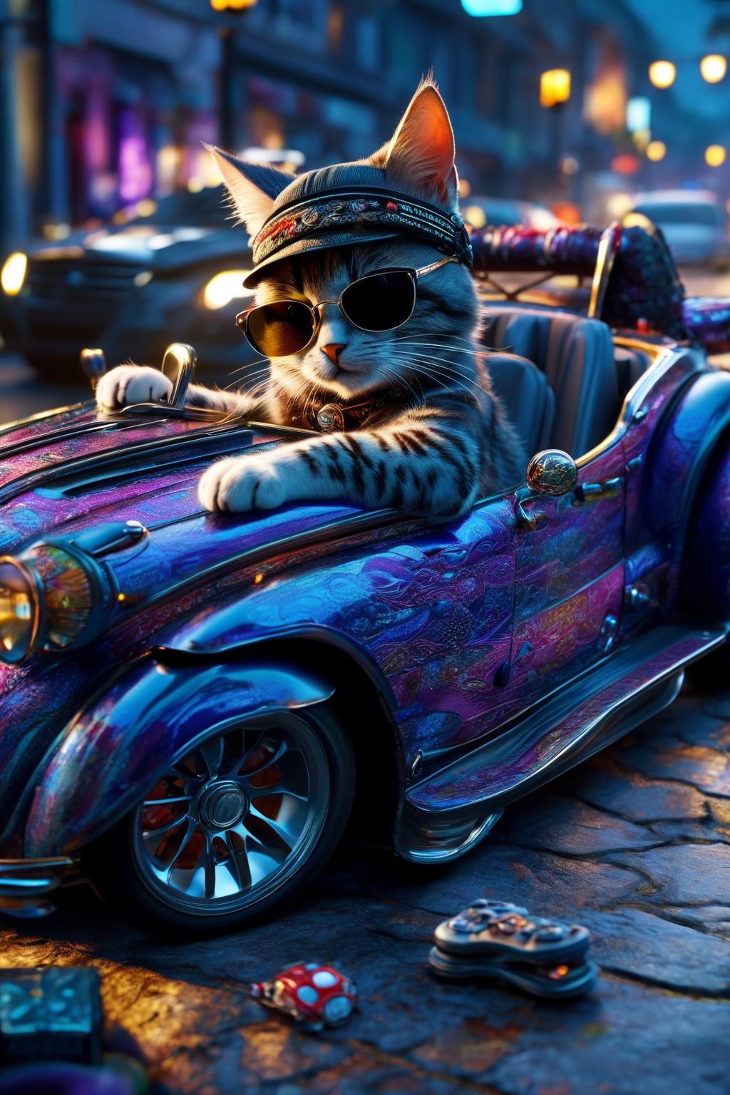 1662654409383-2703809103-a cat and  driving a cabriolet car made out of batik fabrics on street, race hat, sunglasses, (his paws laying on wheel), lazypo.png